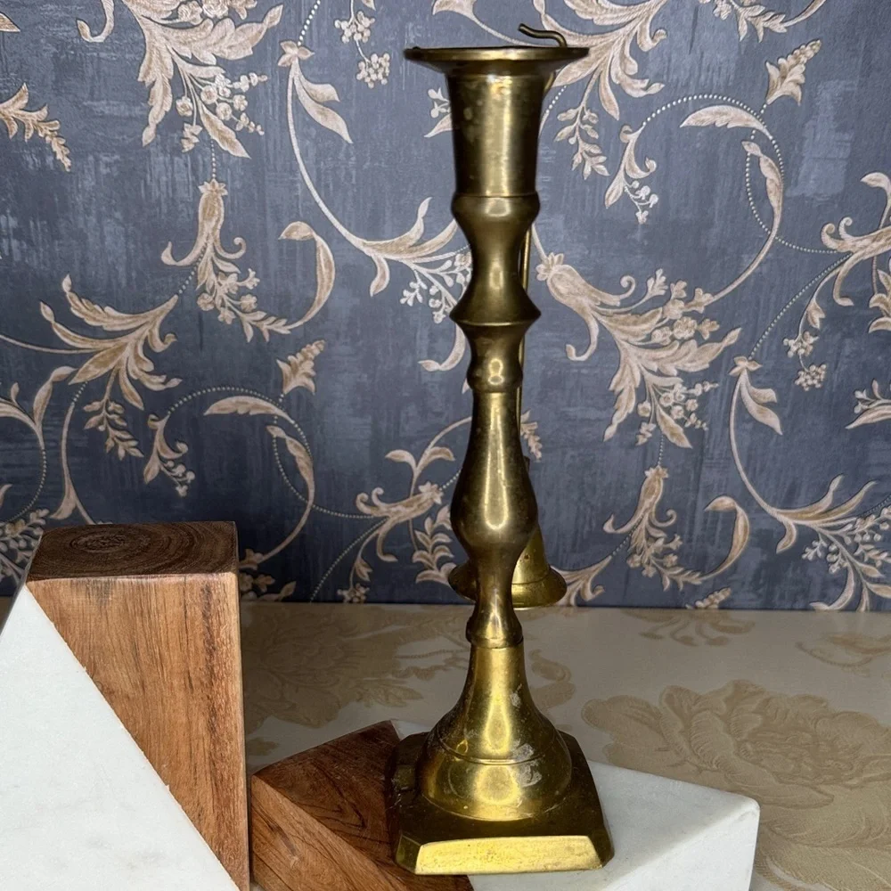 Vintage Brass Colonial Style Taper Candlestick with Attached Snuffer 8 2/3”